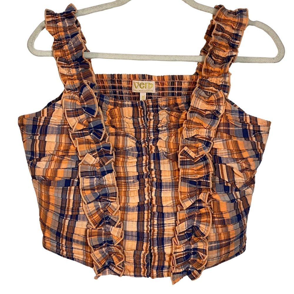 Anthropologie Verb Plaid Ruffle Crop Tank Western Cottagecore NWT M